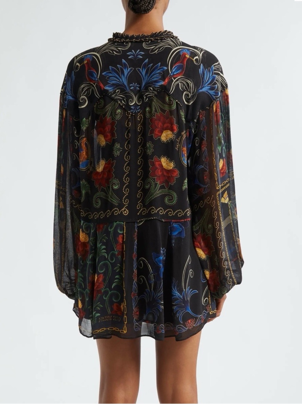 FARM Rio Mixed Arabesque Scarves Mini Dress M Floral Lace Up Long Sleeve - Picture 12 of 12